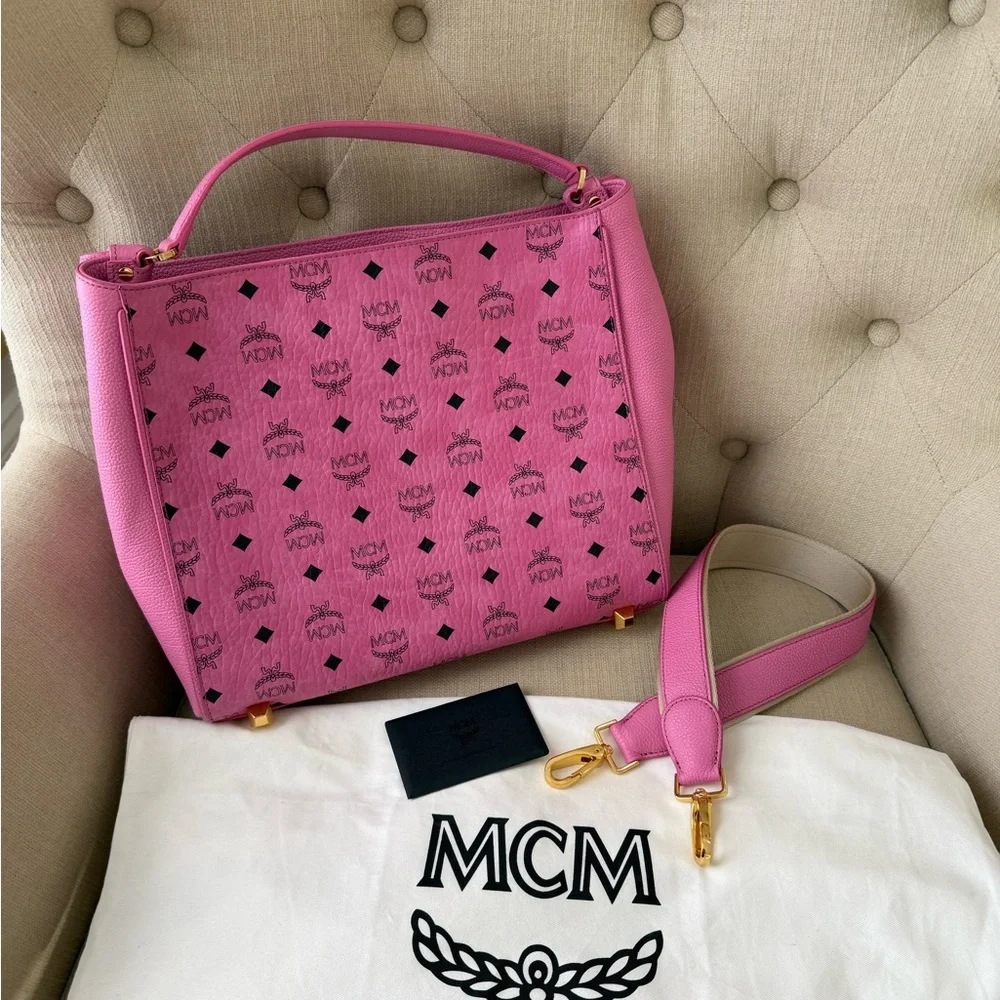 MCM Pink Visetos Structured Top Handle Satchel Like New - Picture 13 of 14